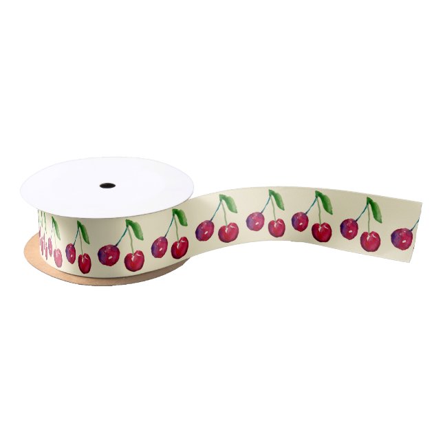 Watercolor Cherry Coquette Hand-Illustrated Yellow Satin Ribbon (Spool)
