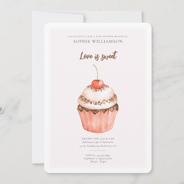 Watercolor Cherry Cupcake Baby Shower  Invitation (Front)