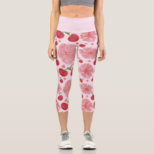 Watercolor Cherry Floral Pattern, Cute Cherries Capri Leggings