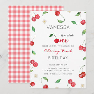 Watercolor Cherry Girl First  Birthday Invitation