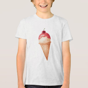 Watercolor Cherry Ice Cream Cone Illustration Tri-Blend Shirt