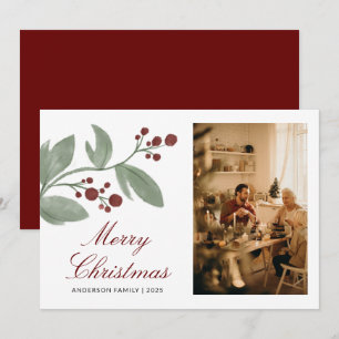 Watercolor Cherry Merry Christmas Family Photo Holiday Card