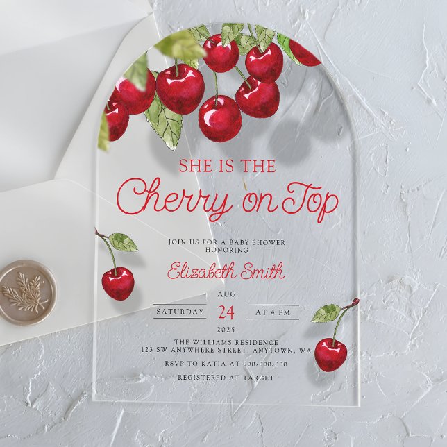 Watercolor Cherry on Top Baby Shower Acrylic Invitations (Creator Uploaded)