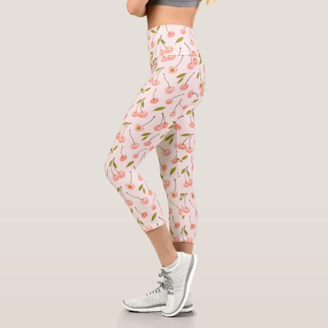 Watercolor Cherry Pattern Capri Leggings (Left)