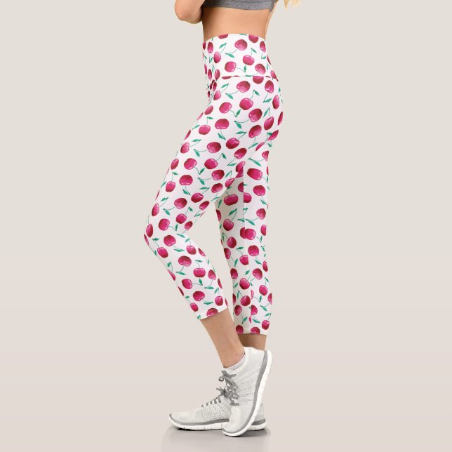 Watercolor Cherry Pattern Capri Leggings (Left)