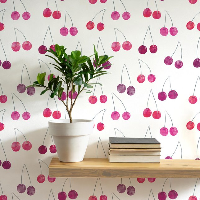 Watercolor Cherry Pattern Wallpaper (Sweet watercolor cherry pattern art wallpaper)