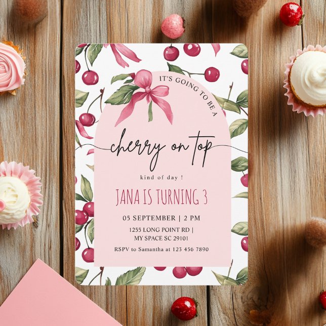 Watercolor Cherry Red & Pink Kids Birthday Invitation (Creator Uploaded)