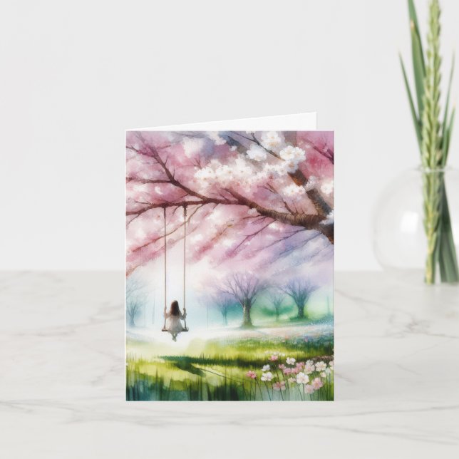 Watercolor Cherry Tree With Girl On a Swing Card (Front)