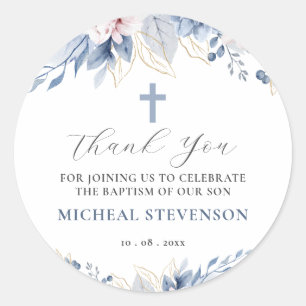 Watercolor Chic Baby Blue Floral Baptism Thank You Classic Round Sticker