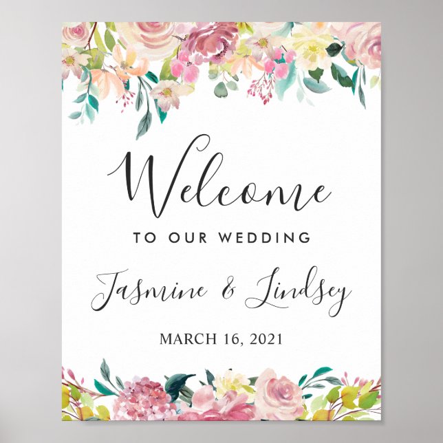 Watercolor Chic Blush Floral Wedding Welcome Sign (Front)