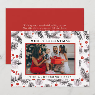 Watercolor Chic Botanical Family Photo Christmas Holiday Card
