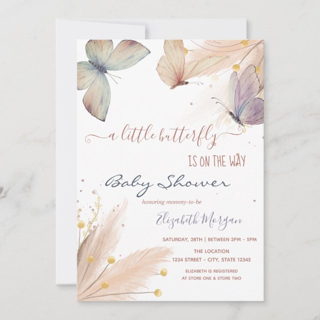 Watercolor Chic Butterflies Pampas Grass Invitation (Front)