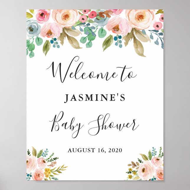 Watercolor Chic Floral Baby Shower Welcome Sign (Front)