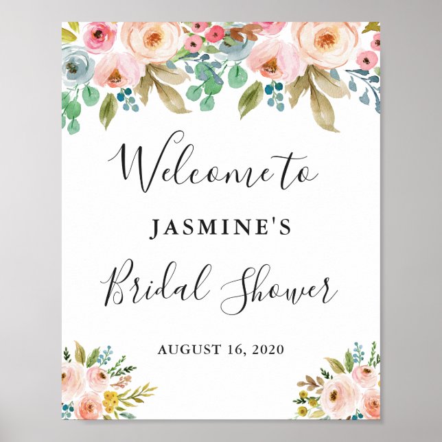 Watercolor Chic Floral Bridal Shower Welcome Sign (Front)