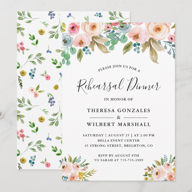 Watercolor Chic Floral Wedding Rehearsal Dinner Invitation (Front/Back)