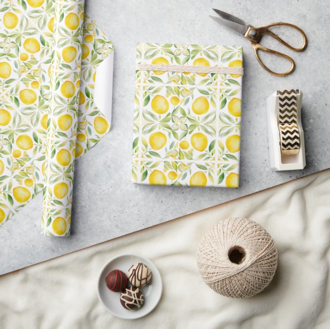 Watercolor Chic Green Sage Lemons Amalfi Italy Wrapping Paper (Crafts)