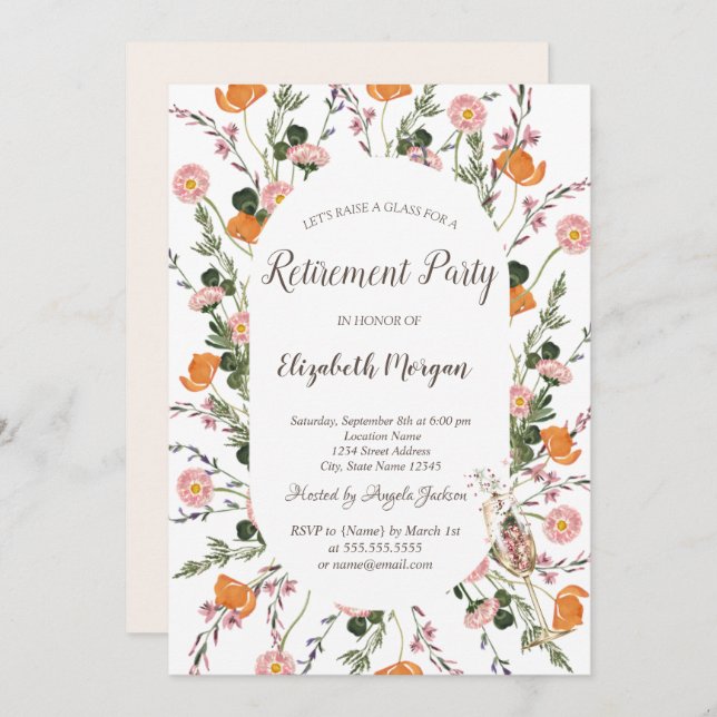 Watercolor Chic Meadow Champagne Glass Retirement  Invitation (Front/Back)