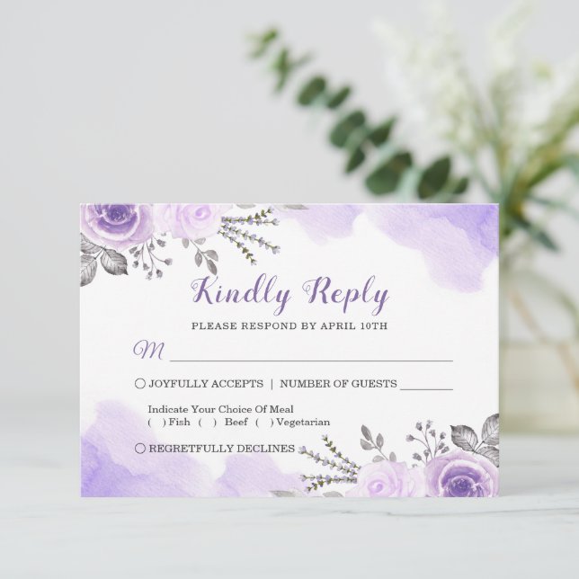 Watercolor Chic Pastel Purple Floral Wedding RSVP (Standing Front)