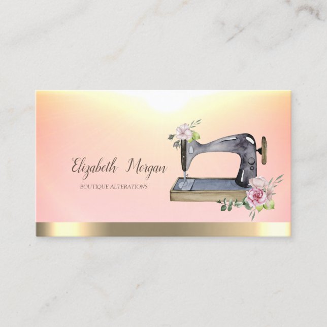  Watercolor Chic Sewing Machine Flower Gold Stripe Business Card (Front)