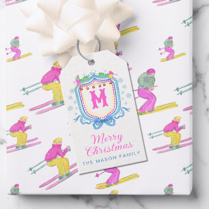 Watercolor Chic Ski Monogram Crest Gift Tags
