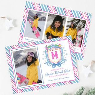 Watercolor Chic Ski Monogram Crest Holiday Card