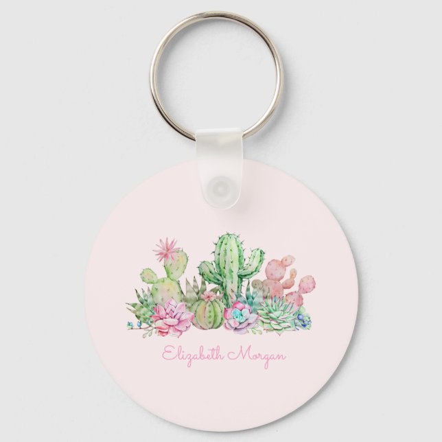 Watercolor Chic Succulents Key Ring (Front)