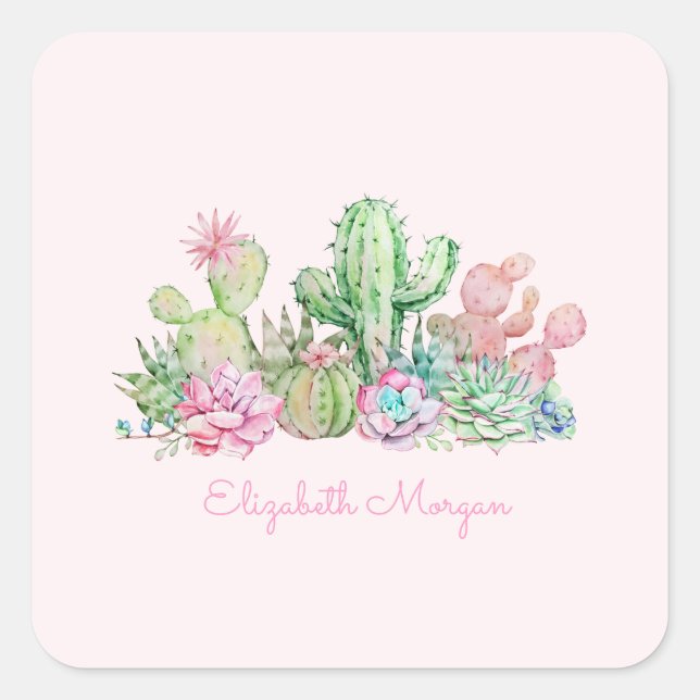 Watercolor Chic Succulents Square Sticker (Front)