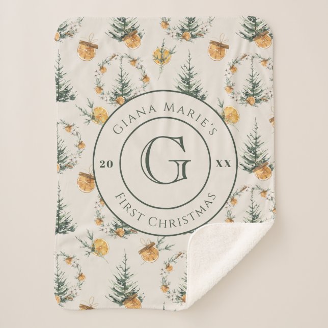 Watercolor Chic Winter "Baby's First Christmas" Sherpa Blanket (Front)