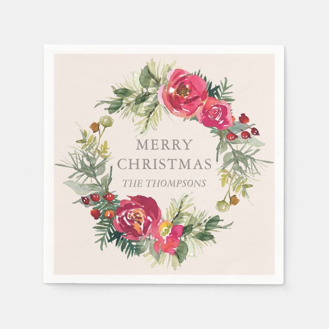 Watercolor Chic Winter Floral Personalised Name Napkin (Front)