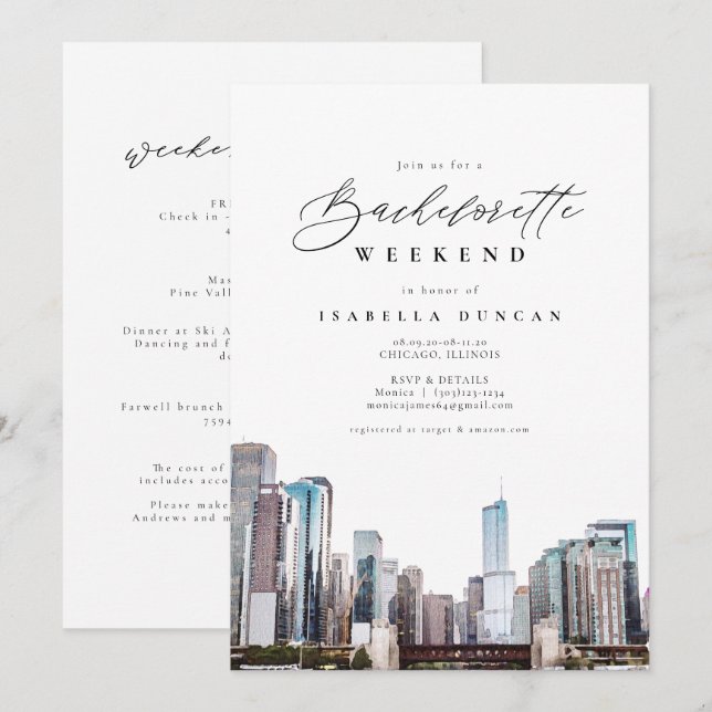 Watercolor Chicago Bachelorette Itinerary and Invitation (Front/Back)