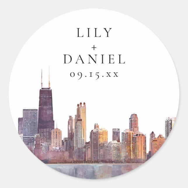 Watercolor Chicago Skyline Destination Wedding Classic Round Sticker (Front)