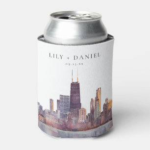 Watercolor Chicago Skyline Wedding Can Cooler