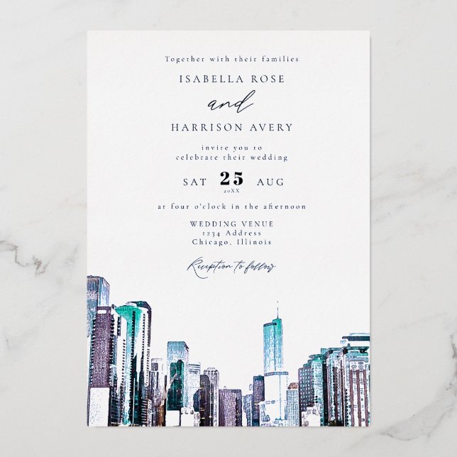 Watercolor Chicago Skyline Wedding Invitation (Front)