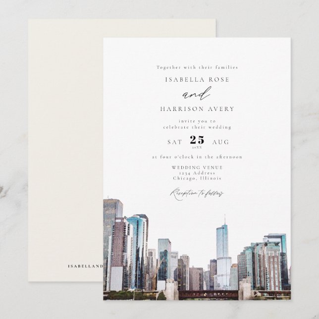 Watercolor Chicago Skyline Wedding Invitation (Front/Back)