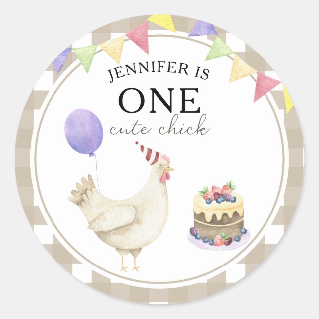 Watercolor Chick 1st birthday Classic Round Sticker (Front)