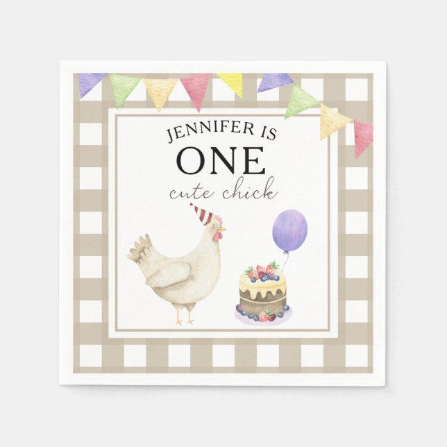 Watercolor Chick 1st birthday Napkin (Front)