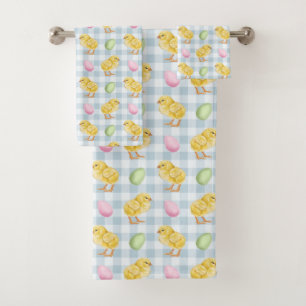 Watercolor Chick And Eggs On Blue Gingham Pattern Bath Towel Set