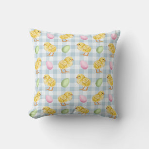 Watercolor Chick And Eggs On Blue Gingham Pattern Cushion
