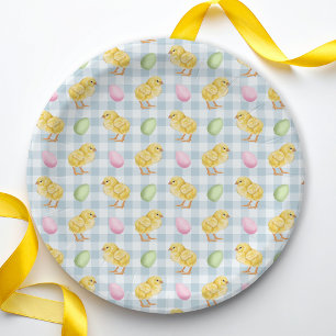 Watercolor Chick And Eggs On Blue Gingham Pattern Paper Plate