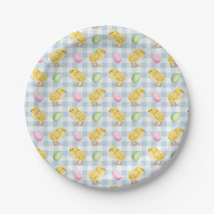 Watercolor Chick And Eggs On Blue Gingham Pattern Paper Plate