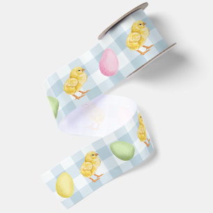 Watercolor Chick And Eggs On Blue Gingham Pattern Satin Ribbon