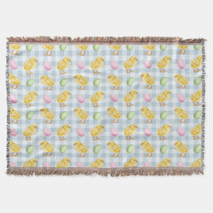Watercolor Chick And Eggs On Blue Gingham Pattern Throw Blanket