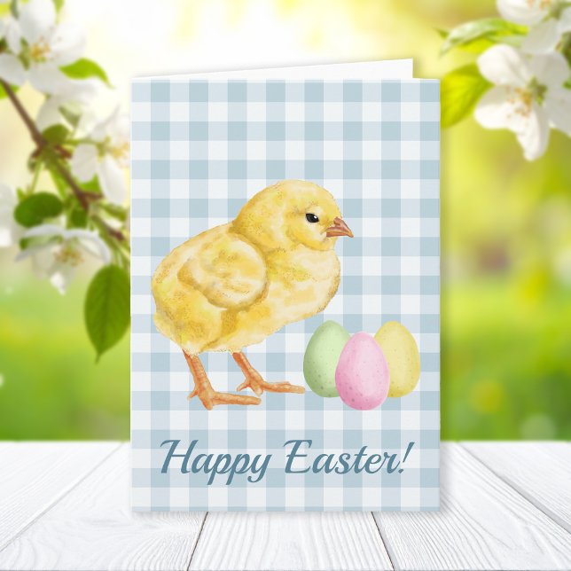 Watercolor Chick And Eggs On Blue Happy Easter Card (Creator Uploaded)