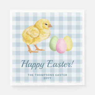 Watercolor Chick And Eggs On Blue Happy Easter Napkin