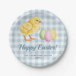 Watercolor Chick And Eggs On Blue With Text Paper Plate