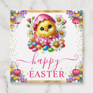Watercolor Chick Spring Flowers Happy Easter Favour Tags