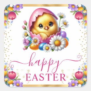 Watercolor Chick Spring Flowers Happy Easter Square Sticker