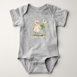 Watercolor Chick With Four-Leaf Clover Baby Bodysuit