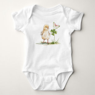 Watercolor Chick With Four-Leaf Clover Baby Bodysuit