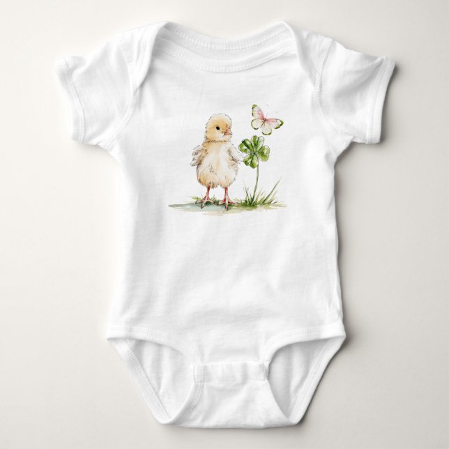 Watercolor Chick With Four-Leaf Clover  Baby Bodysuit (Front)